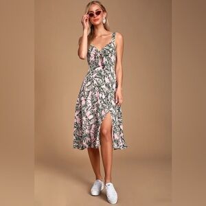 La Paz Pink and Green Leaf Print Tie-Front Midi Dress - Size Medium